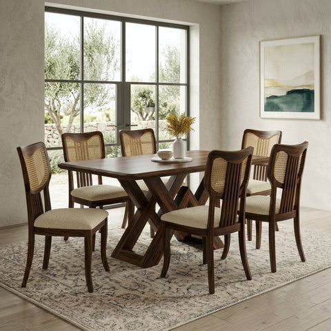 Solid Sheesham dining table with six Crème Boucle chairs