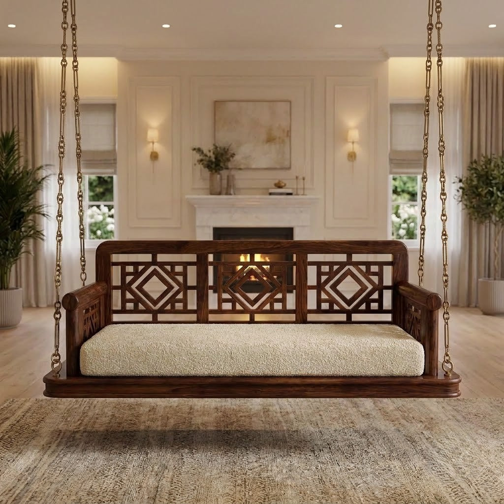 Solid Sheesham wood 2 seater Jhula for home with crème boucle cushion