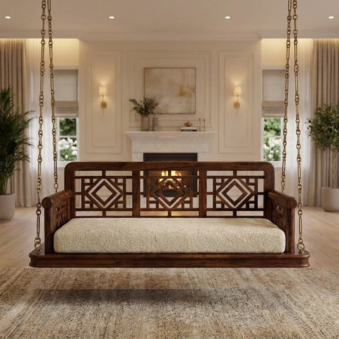 Solid Sheesham wood 2 seater Jhula for home with crème boucle cushion
