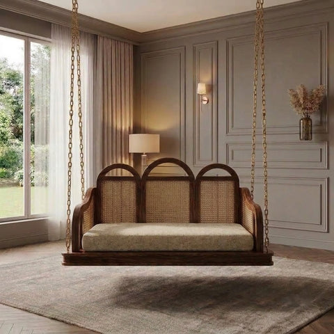 Solid Sheesham wood 2 seater Jhula for home with crème boucle seat