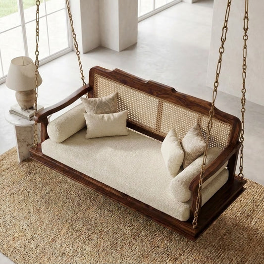 Solid Sheesham wood 2 seater jhula with Crème Boucle cushioned seat