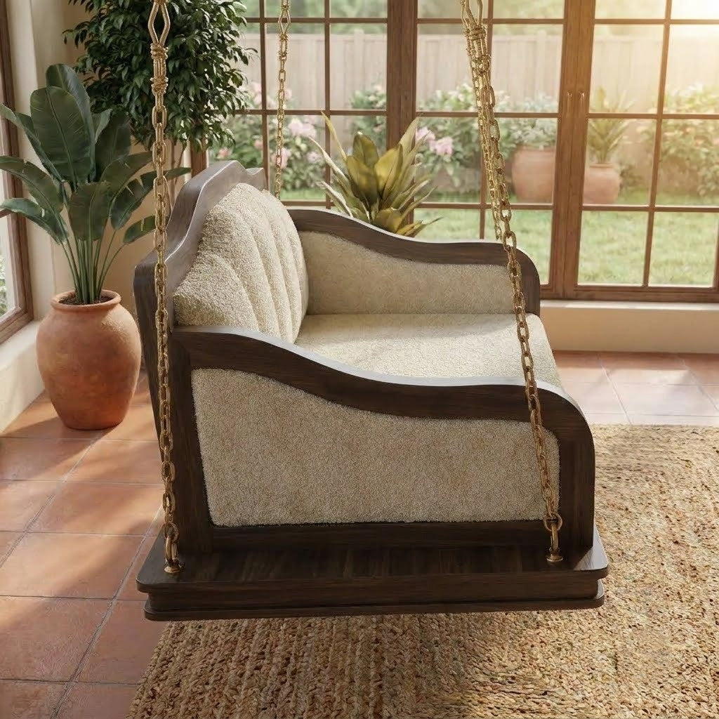 Solid Sheesham wood 2 seater swing chair in Dark Walnut finish for home