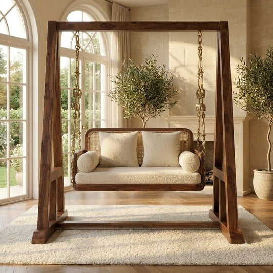 Solid Sheesham wood 2 seater wooden jhula with Crème Boucle cushioned seat