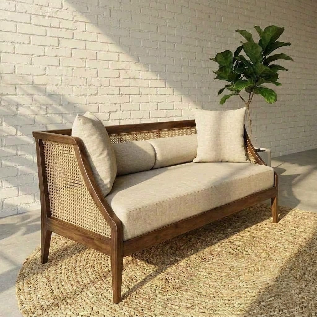 Solid Sheesham wood 3 seater sofa with natural cane back