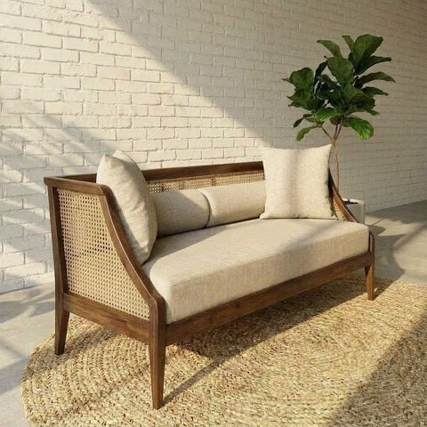 Solid Sheesham wood 3 seater sofa with natural cane back