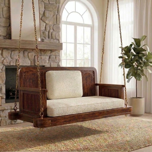 Solid Sheesham wood Jhula for home with crème boucle upholstered seat