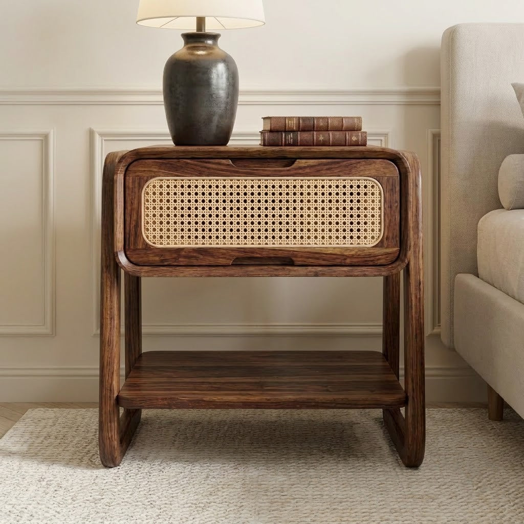 Solid Sheesham wood bedroom side table with cane panel drawer