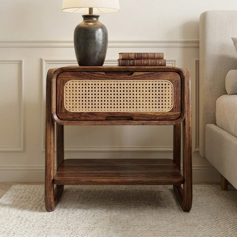 Solid Sheesham wood bedroom side table with cane panel drawer