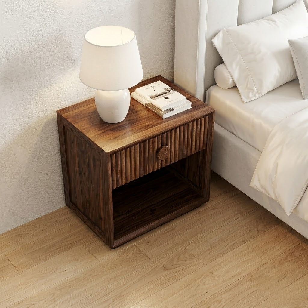 Solid Sheesham wood bedroom side table with vertical panel drawer