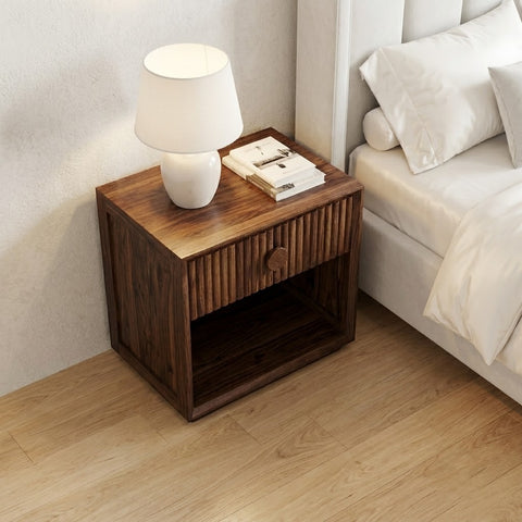 Solid Sheesham wood bedroom side table with vertical panel drawer