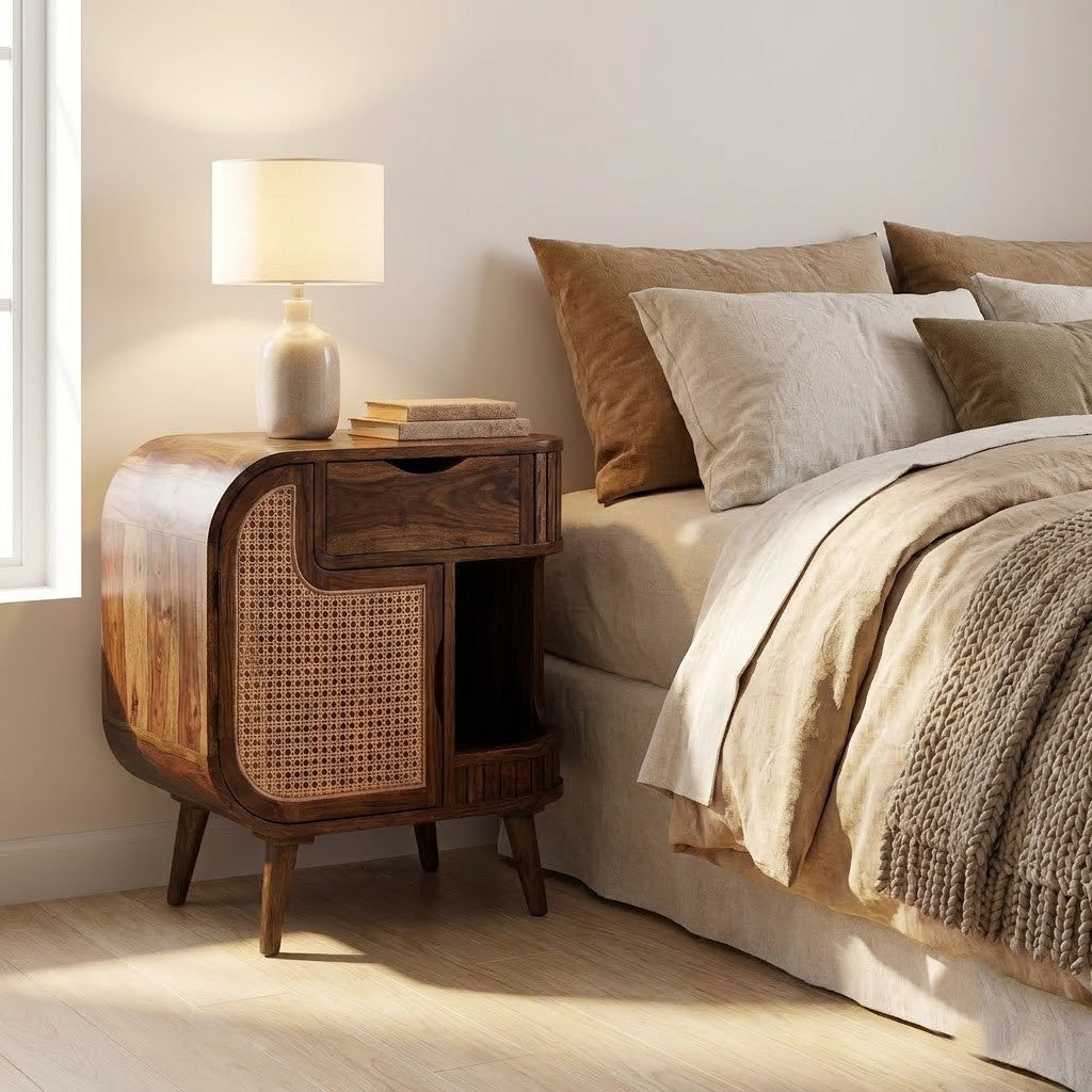Solid Sheesham wood bedside side table with storage drawer and cabinet