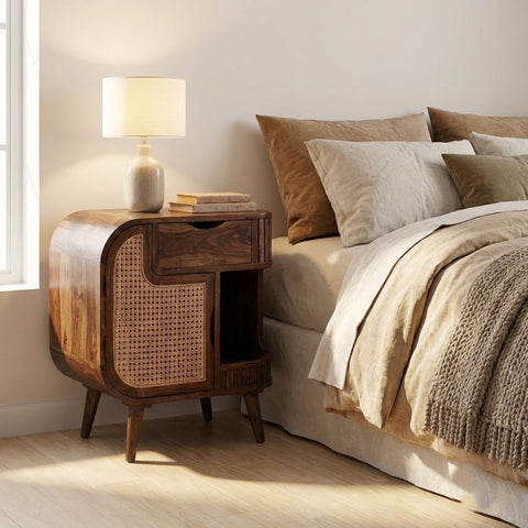 Solid Sheesham wood bedside side table with storage drawer and cabinet