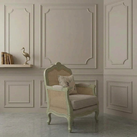 Solid Sheesham wood cane lounge chair with cotton upholstery
