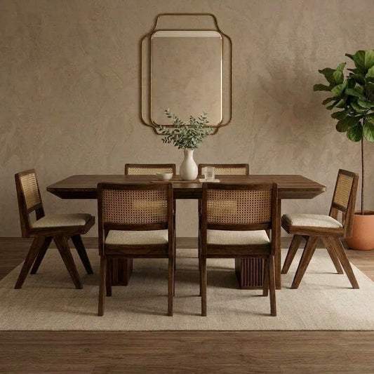 Solid Sheesham wood dining table with Crème Boucle seating