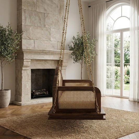 Solid Sheesham wood hanging swing with Dark Walnut finish for living room