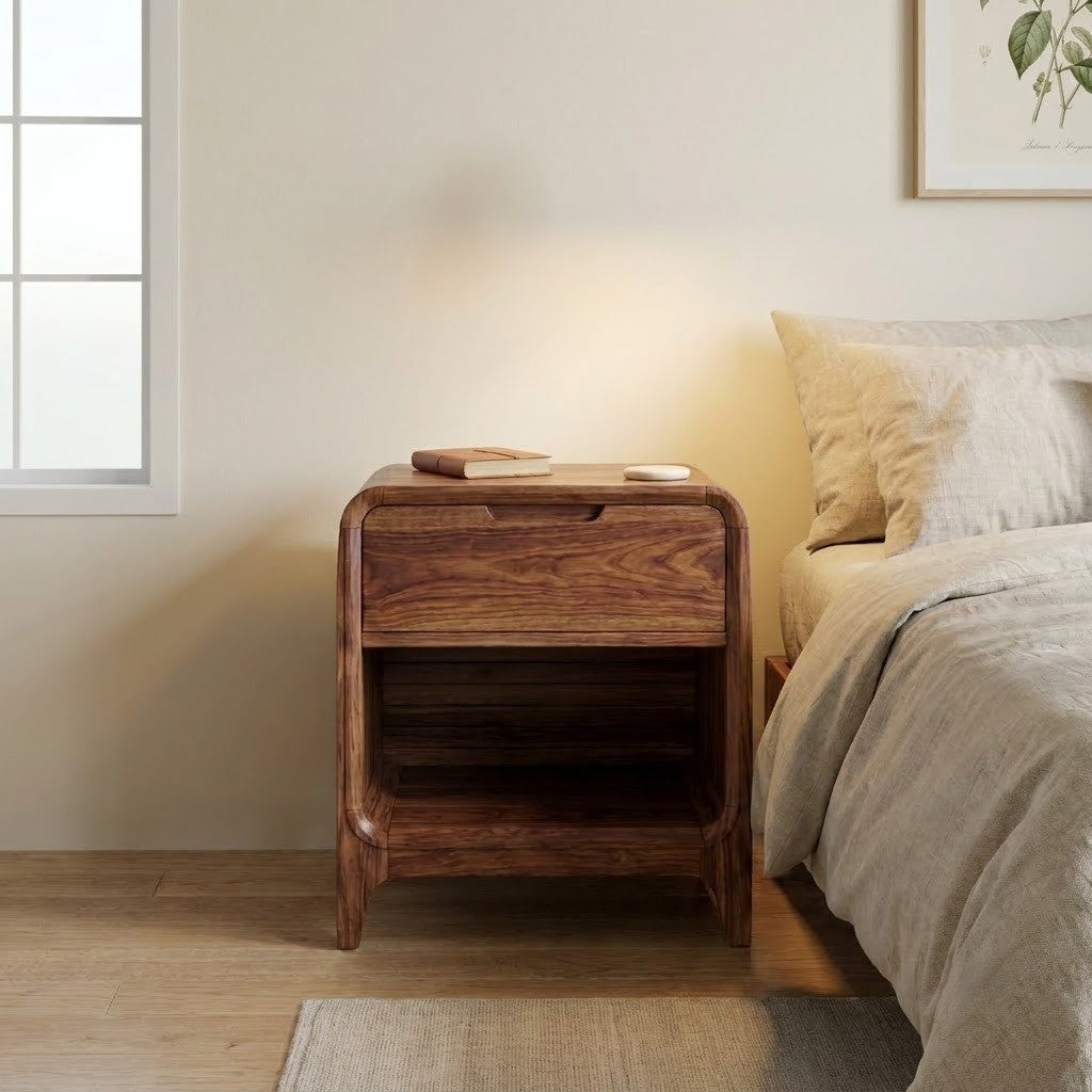 Solid Sheesham wood nightstand in Dark Walnut finish for bedroom