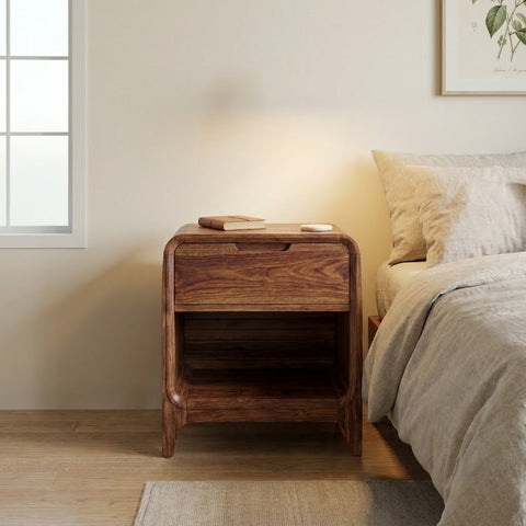 Solid Sheesham wood nightstand in Dark Walnut finish for bedroom