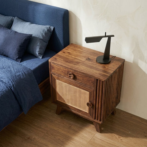 Solid Sheesham wood nightstand with cane cabinet in Dark Walnut finish