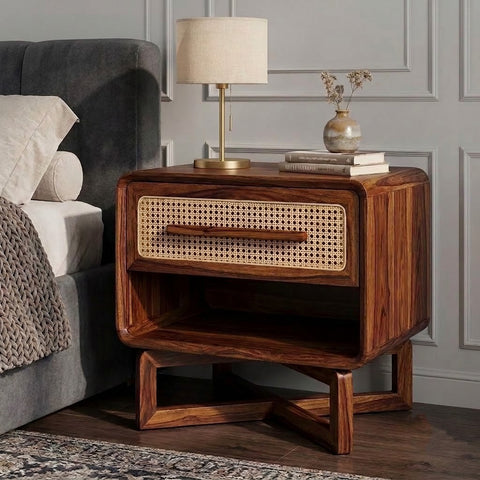 Solid Sheesham wood nightstand with cane front and open shelf