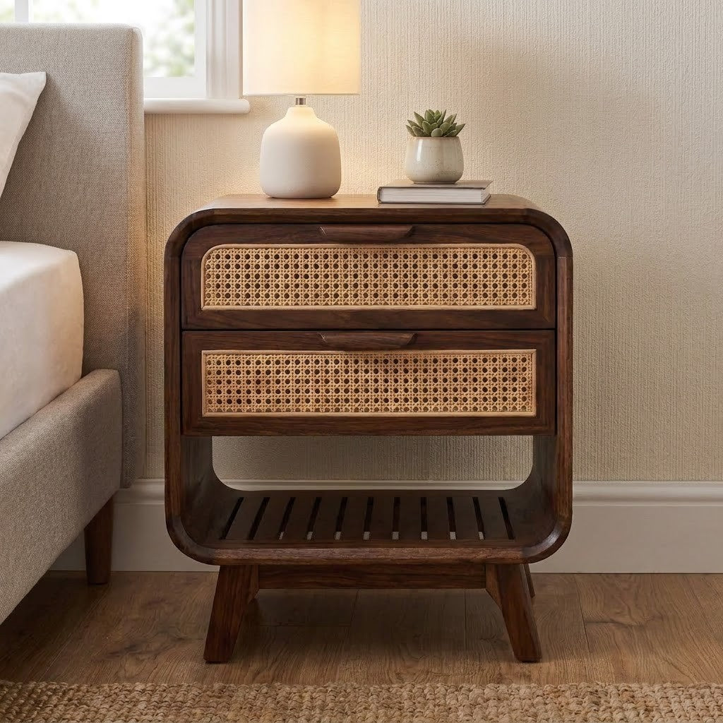 Solid Sheesham wood nightstand with cane front drawer storage
