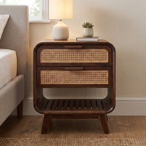 Solid Sheesham wood nightstand with cane front drawer storage