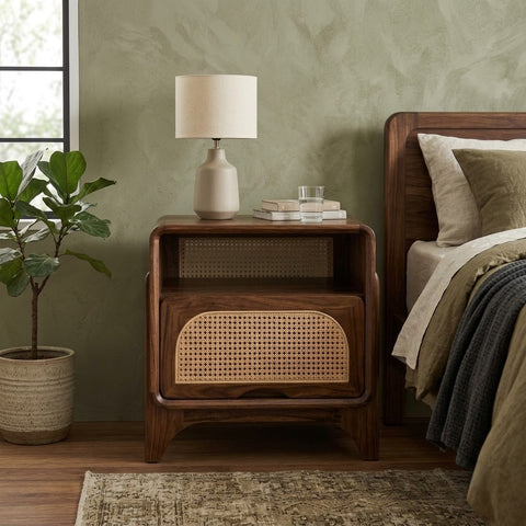 Solid Sheesham wood nightstand with cane storage in Dark Walnut finish