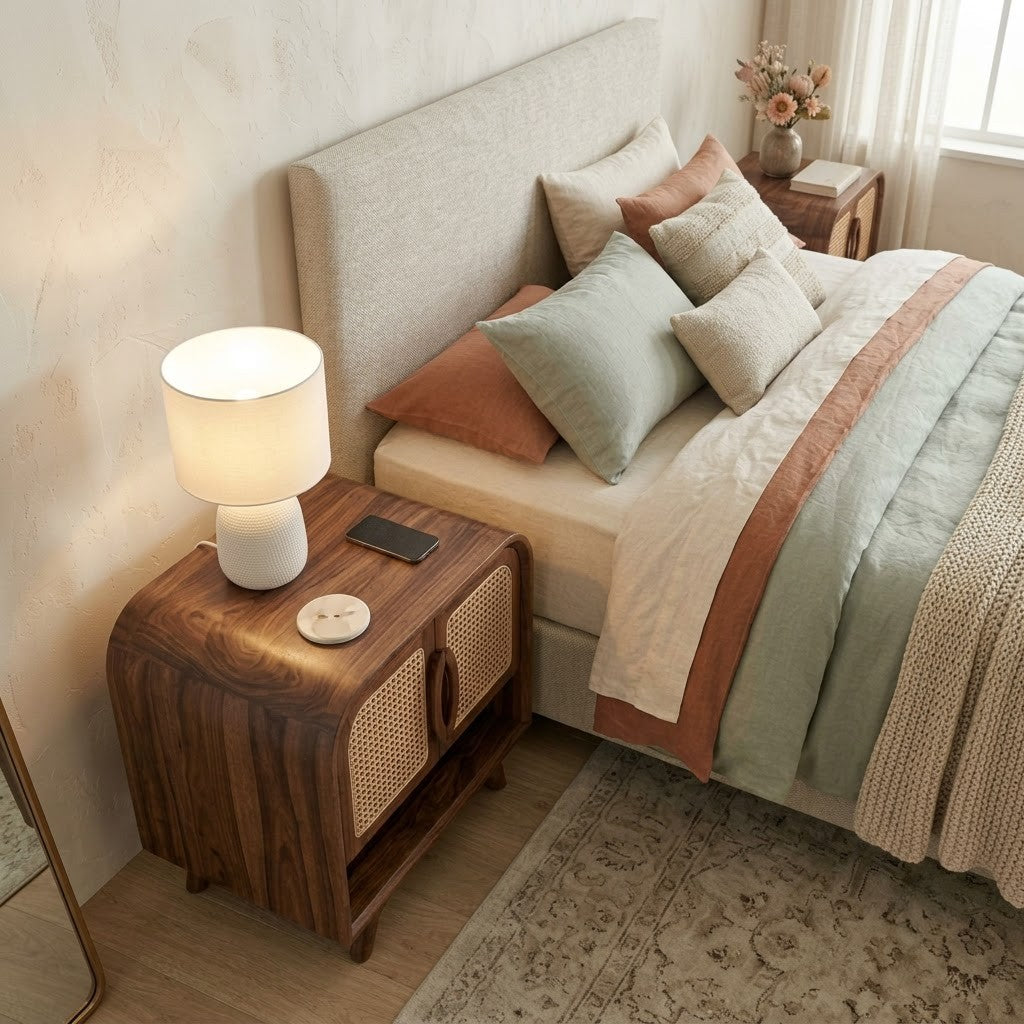 Solid Sheesham wood nightstand with double cane doors and shelf
