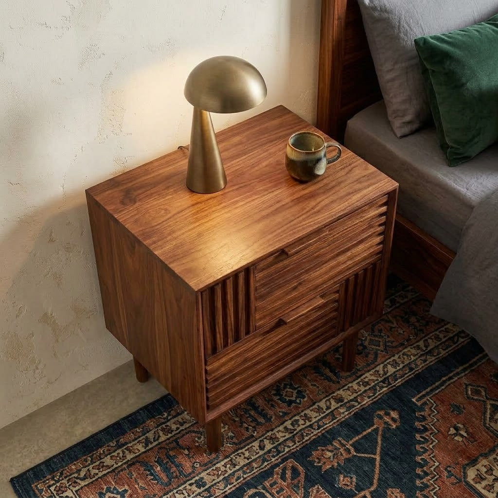 Solid Sheesham wood nightstand with double drawer storage