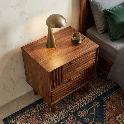 Solid Sheesham wood nightstand with double drawer storage