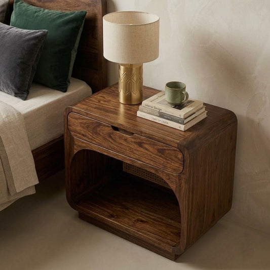 Solid Sheesham wood nightstand with drawer and cane front