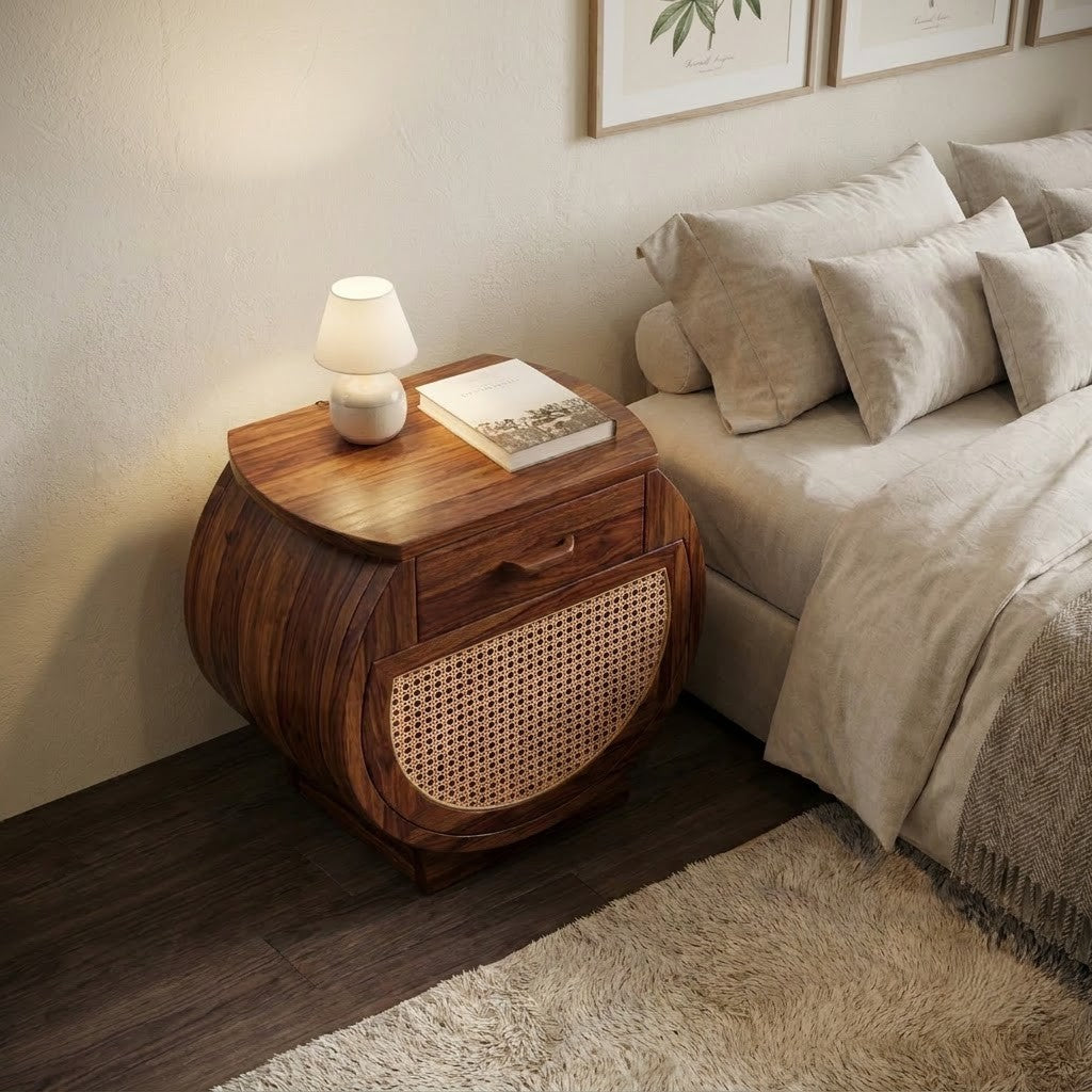 Solid Sheesham wood nightstand with drawer and cane storage