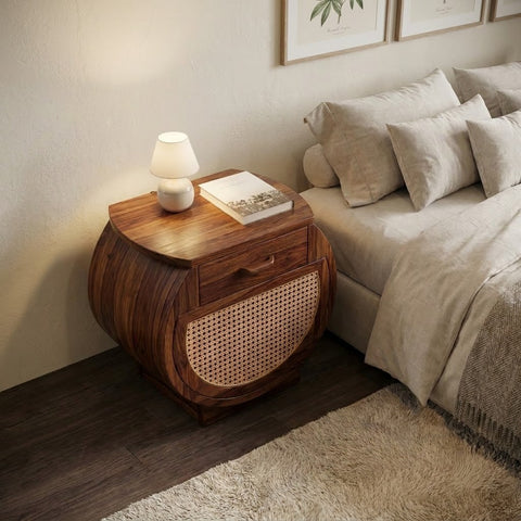 Solid Sheesham wood nightstand with drawer and cane storage