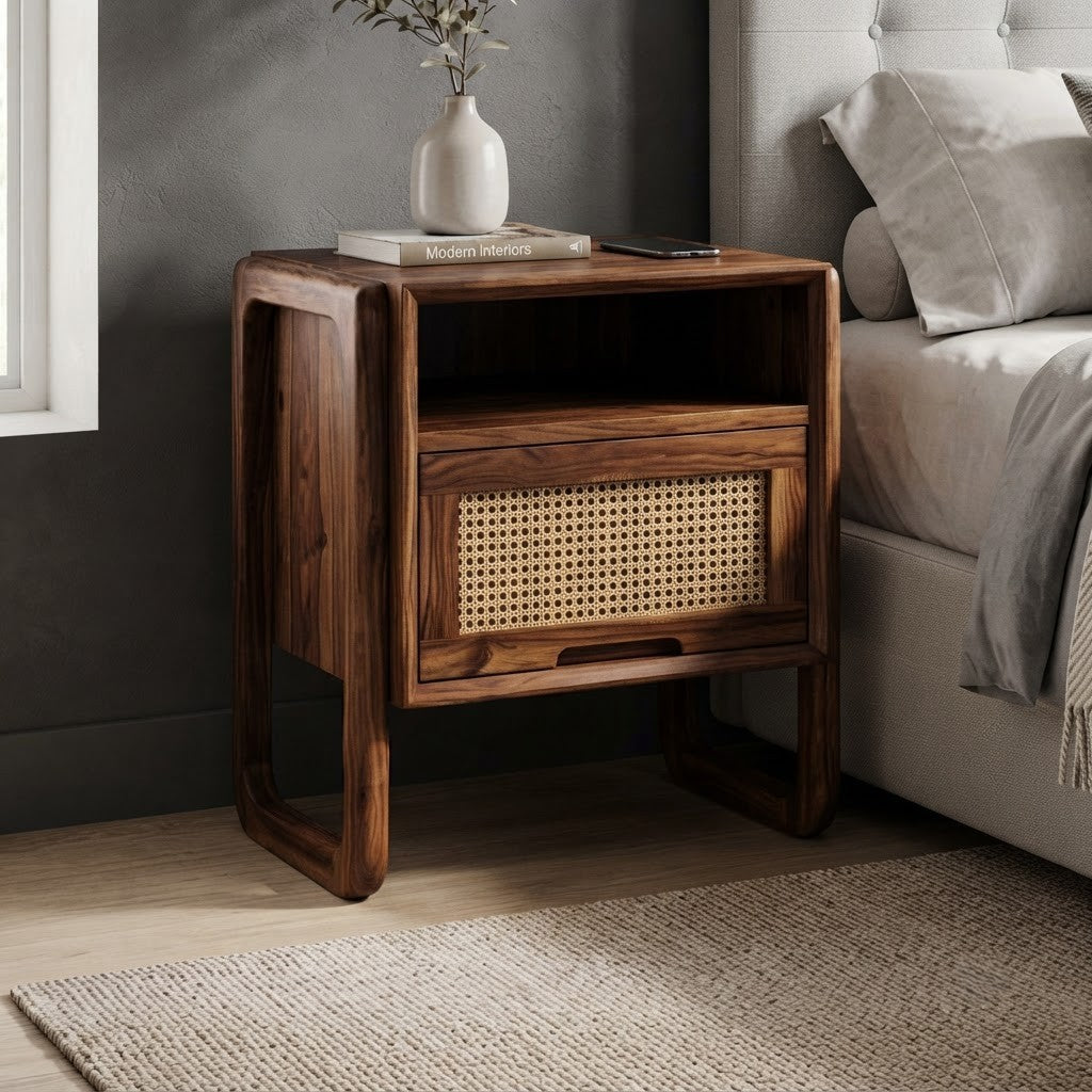 Solid Sheesham wood nightstand with drawer and open shelf