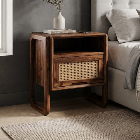 Solid Sheesham wood nightstand with drawer and open shelf