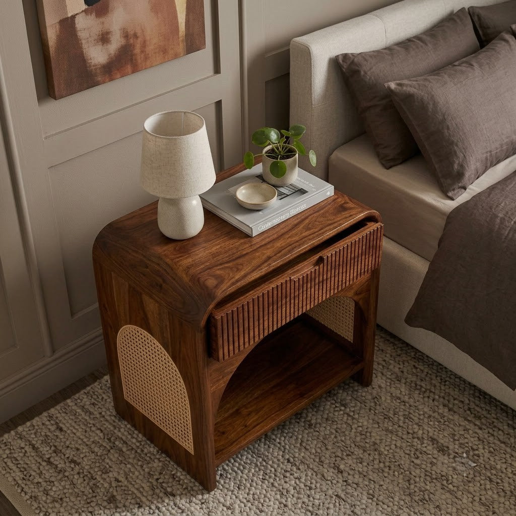 Solid Sheesham wood nightstand with drawer and open shelf storage
