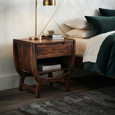 Solid Sheesham wood nightstand with drawer and open storage