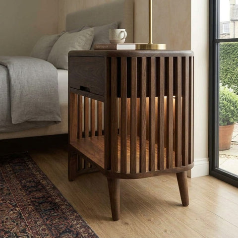 Solid Sheesham wood nightstand with drawer storage for bedroom