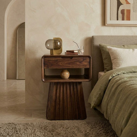 Solid Sheesham wood nightstand with fluted base for bedroom