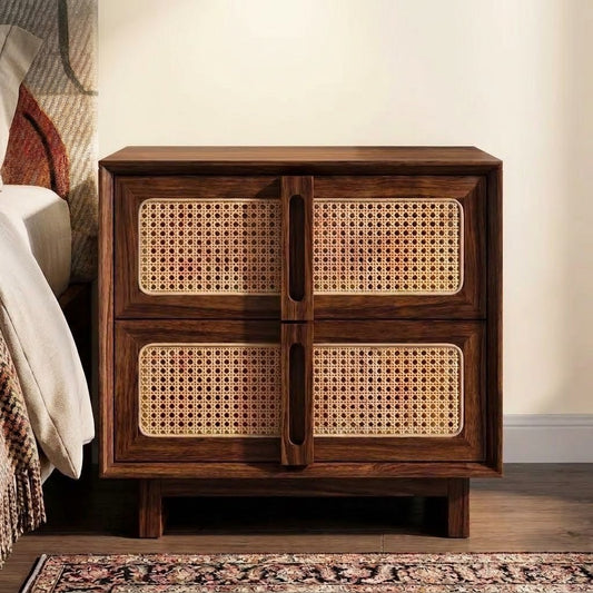 Solid Sheesham wood nightstand with four cane front panels