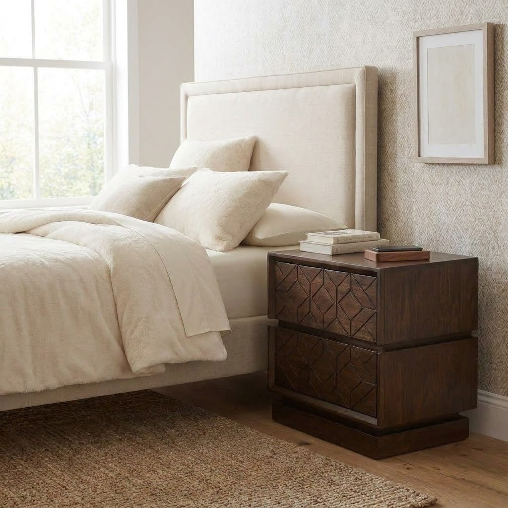 Solid Sheesham wood nightstand with geometric drawer design