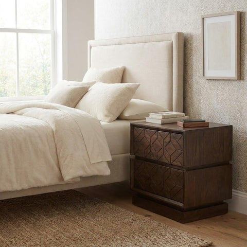 Solid Sheesham wood nightstand with geometric drawer design