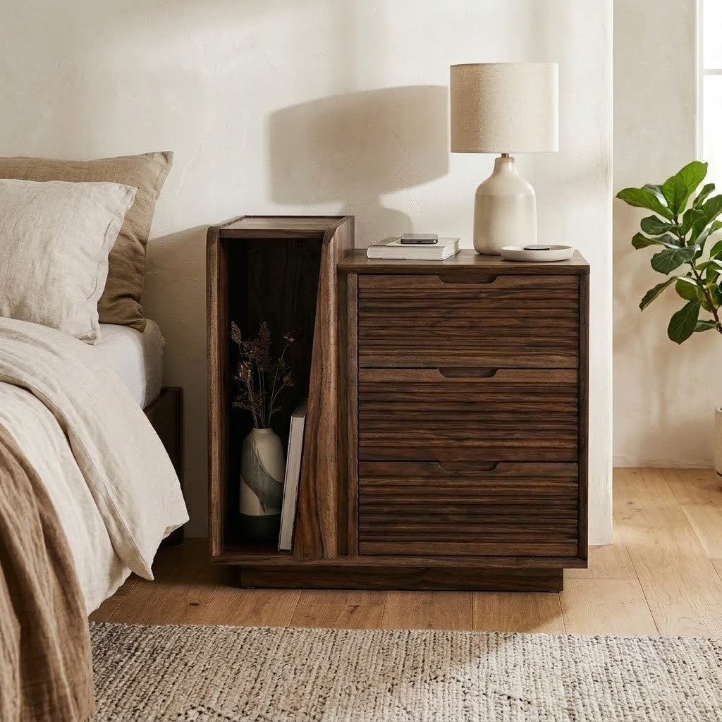 Solid Sheesham wood nightstand with multiple drawers and cabinet