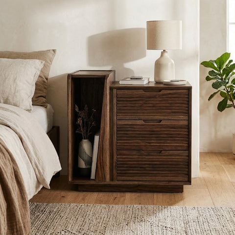 Solid Sheesham wood nightstand with multiple drawers and cabinet