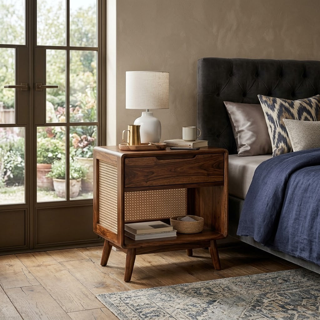 Solid Sheesham wood nightstand with open shelf and bedroom storage