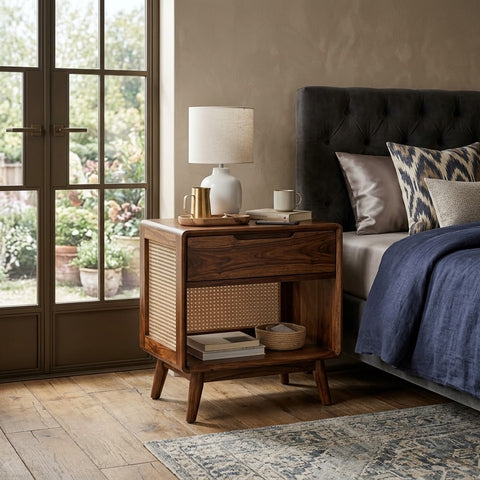Solid Sheesham wood nightstand with open shelf and bedroom storage