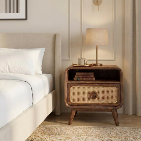 Solid Sheesham wood nightstand with open shelf and cane detailing