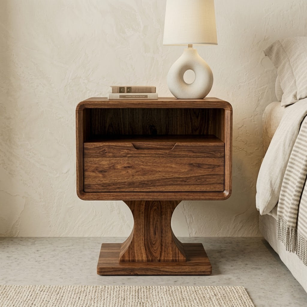 Solid Sheesham wood nightstand with open shelf and storage