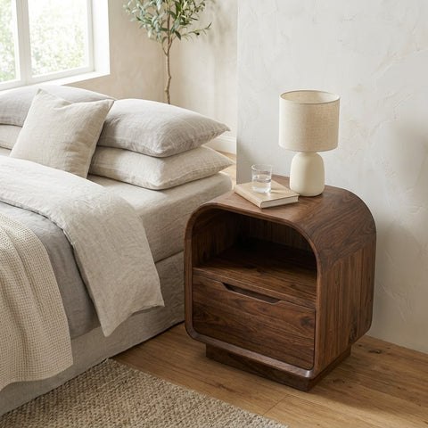 Solid Sheesham wood nightstand with open shelf for bedroom