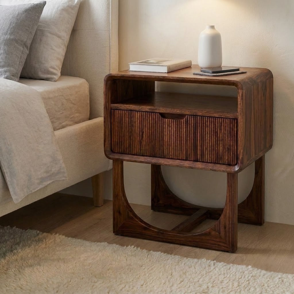 Solid Sheesham wood nightstand with open shelf storage