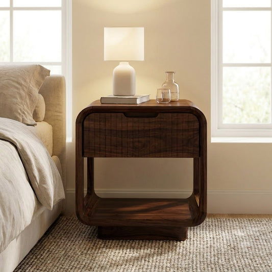 Solid Sheesham wood nightstand with open storage compartment